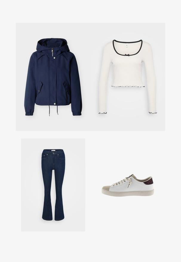 Chaqueta con capucha azul marino con cremallera frontal, botones de presión, dos bolsillos con solapa en ángulo, puños elásticos y dobladillo ajustable con cordón.; Top corto de manga larga blanco con un amplio escote redondeado ribeteado en negro, un detalle de lazo en el centro y borde negro con volantes en los puños y en el dobladillo.; Pantalones vaqueros acampanados de mezclilla azul oscura con un diseño clásico de cinco bolsillos, cierre de botón metálico y detalles de costura en los bolsillos.; Zapatilla blanca con una puntera de ante gris y un acento de talón burdeos brillante. Presenta cordones planos y un diseño minimalista.