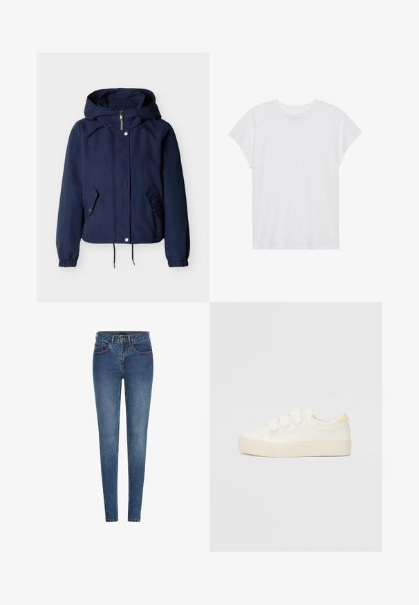 Chaqueta con capucha azul marino con cremallera frontal, botones de presión, dos bolsillos con solapa en ángulo, puños elásticos y dobladillo ajustable con cordón.; Camiseta blanca de manga corta con cuello redondo, corte relajado, hecha de suave tela de algodón. Textura lisa, sin estampados ni logotipos.; Jeans ajustados de denim azul oscuro, con una cintura de altura media, cinco bolsillos y costuras en contraste. Textura suave con un ligero estiramiento.; Zapatillas blancas con un upper de material sintético liso, tres tiras de velcro, puntera redonda y suela de goma con textura. Acento trasero en beige.