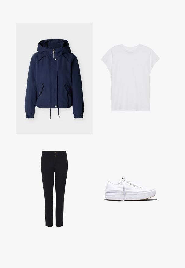 Marineblaue Kapuzenjacke mit Frontreißverschluss, Druckknöpfen, zwei schrägen Klappentaschen, elastischen Bündchen und verstellbarem Kordelzug am Saum.; Weißes kurzärmliges T-Shirt mit Rundhalsausschnitt, lockerer Passform, aus weichem Baumwollstoff. Glatte Textur, keine Muster oder Logos.; Schwarze, maßgeschneiderte Hose aus einem Baumwoll-Mischgewebe mit zwei vorderen Knöpfen, geradem Schnitt und glatter Textur. Keine sichtbaren Muster.; Weißer Canvas-Sneaker mit niedrigem Schnitt, dicker Plateau-Sohle, vorderer Schnürung und rauer Gummikappe an der Spitze, aus seitlicher Ansicht gezeigt.