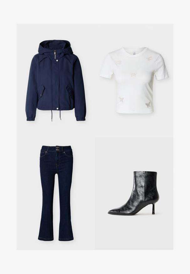 Marineblå hættetrøjejakke med forlynlås, trykknapper, to skrå klaplommer, elastiske manchetter og justerbar snøre i kanten.; Hvid kortærmet cropped t-shirt med fem små rhinsten sommerfugledekorationer på fronten.; Mørkeblå denim flare jeans med dobbelt knaplukning i taljen og forlommer, vist på en ensfarvet lys baggrund.; Sort læder ankelstøvle med spids tå og en tynd, kort hæl. Har en tekstureret overflade og et rent design med en sømløs side.