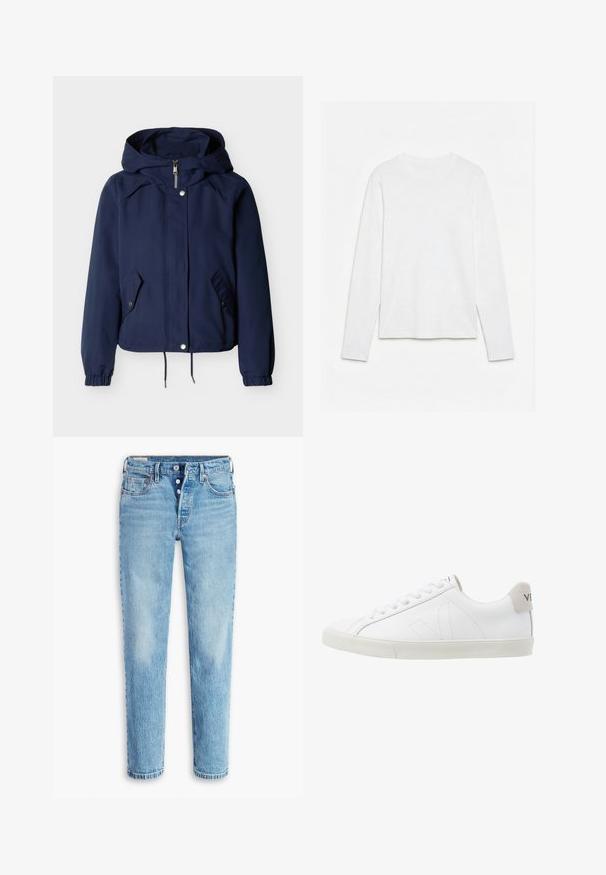 Chaqueta con capucha azul marino con cremallera frontal, botones de presión, dos bolsillos con solapa en ángulo, puños elásticos y dobladillo ajustable con cordón.; Camiseta blanca lisa de manga larga con cuello redondo, extendida sobre una superficie blanca, mostrando el frente y la longitud completa de la manga.; Jeans de denim azul claro con un diseño de pierna recta, estilo de cinco bolsillos y cierre de botón. Presentan áreas deslavadas y efecto de arrugas para dar textura.; Zapatillas de cuero blanco con una suela de goma texturizada en un tono blanco roto. Las características incluyen cordones, costuras sutiles y un acento en gamuza gris en el talón.