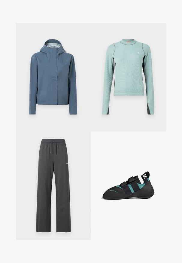 Wasserabweisende Jacke in Hellblau, mit Kapuze, durchgehendem Frontreißverschluss, zwei Brusttaschen und glatter Oberfläche. Verstärkte Nähte als Akzent.; Hellgrünes Langarmshirt mit hohem Kragen, das graue Akzente und einen strukturierten Stoff aufweist. Kleines Logo auf der Brust.; Dunkelgraue Sweatpants mit weitem Bein, geripptem elastischem Bund und Kordelzug, mit kleinem weißem Logo am rechten Oberschenkel.; Schwarzer Kletterschuh mit spitzem Zeh, doppelten Klettverschlüssen, smaragdgrünen Akzenten und strukturierten Gummisohlen für besseren Halt.