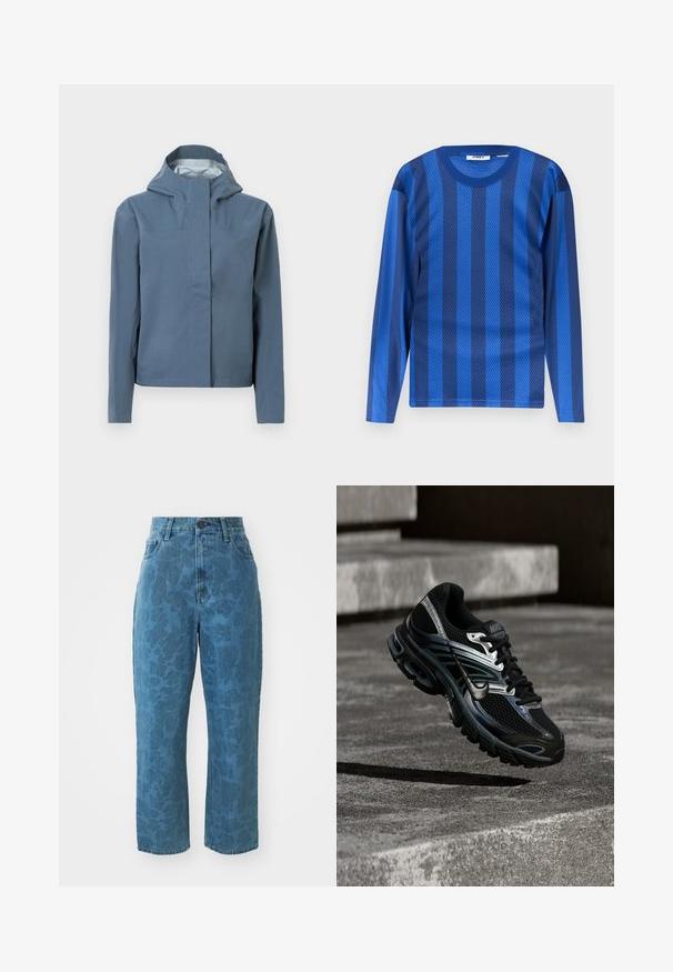 Wasserabweisende Jacke in Hellblau, mit Kapuze, durchgehendem Frontreißverschluss, zwei Brusttaschen und glatter Oberfläche. Verstärkte Nähte als Akzent.; Langärmeliges blaues Hemd mit abwechselnd dunklen und hellen vertikalen Streifen, gefertigt aus atmungsaktivem Netzstoff.; Hellblaue Jeans aus Denim mit subtiler gemusterter Textur, hoher Taille und geradem Bein. Mit einem vorderen Knopf- und Reißverschluss.; Schwarzer und silberner Nike Laufschuh, der über Betontreppen schwebt und im Außenbereich detailliertes Design und strukturierte Sohle zeigt.