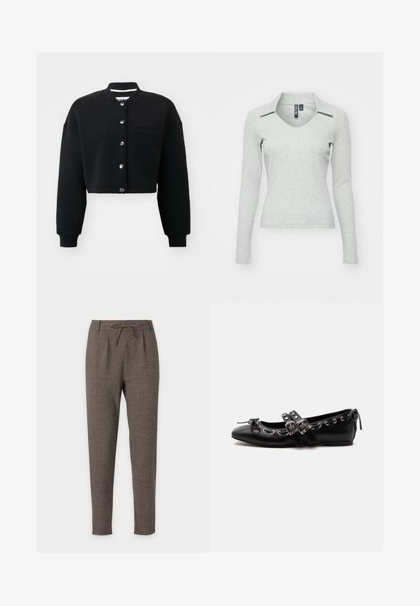 Sort cropped sweatshirt med rund hals, sølvfarvede trykknapper og en forlommek. Lavet af blødt stof med ribbede manchetter.; Lys grå langærmet V-hals bluse med krave, lavet af blødt, struktureret stof, der har en tætsiddende pasform og minimal detaljer.; Brune tapered bukser med snøre i taljen og båndsøm, lavet af tekstureret stof, vist på en hvid baggrund.; Sort flad balletsko med dobbelt spænde, sølvøjer og en lille sløjfe nær den runde tå på en hvid baggrund.
