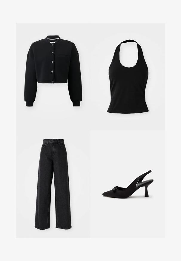 Sort cropped sweatshirt med rund hals, sølvfarvede trykknapper og en forlommek. Lavet af blødt stof med ribbede manchetter.; Sort halterneck top lavet af blød stof, med en scoop halsudskæring og en tætsiddende silhuet, med en glat tekstur og uden synlige mønstre.; Sorte højtaljede brede bukser lavet af denim, præget af et klassisk fem-lomme design og subtile syninger.; Sort peep-toe slingback højhælet sko med en lille sløjfe foran og en smal hæl, vist mod en hvid baggrund.