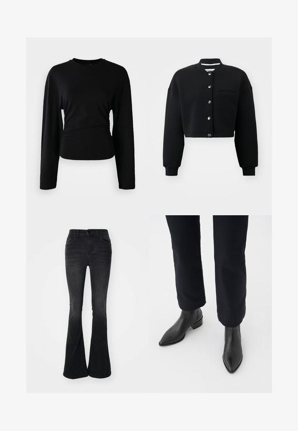 Sort cropped sweatshirt med rund hals, sølvfarvede trykknapper og en forlommek. Lavet af blødt stof med ribbede manchetter.; Sort langærmet top lavet af blødt stof. Har en rund halsudskæring og samlet detalje ved taljen. Glat tekstur, tætsiddende design.; Sorte bell-bottom jeans lavet af denim, med en høj talje, frontlommer, knaplukning og en ren finish ved kanten.; Sorte læder ankelstøvler med spids tå, blokhæl og teksturerede sidepaneler, båret med mørke bukser mod en hvid baggrund.