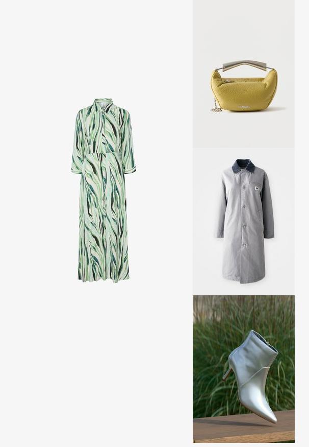 Manteau long gris en tissu résistant avec un col en velours côtelé, des boutons devant, deux poches latérales et une poche poitrine avec un patch logo.; Robe longue boutonnée avec col et manches 3/4, présentant un motif abstrait rayé vert, noir et blanc.; Botte de cheville argentée brillante à talons hauts avec un bout pointu et une fermeture éclair, posée sur une surface en bois devant un arrière-plan de gazon vert.; Sac à main en cuir texturé jaune avec poignée supérieure en métal et bandoulière chaîne, avec une poche zippée à l'avant et un logo Steve Madden argenté.
