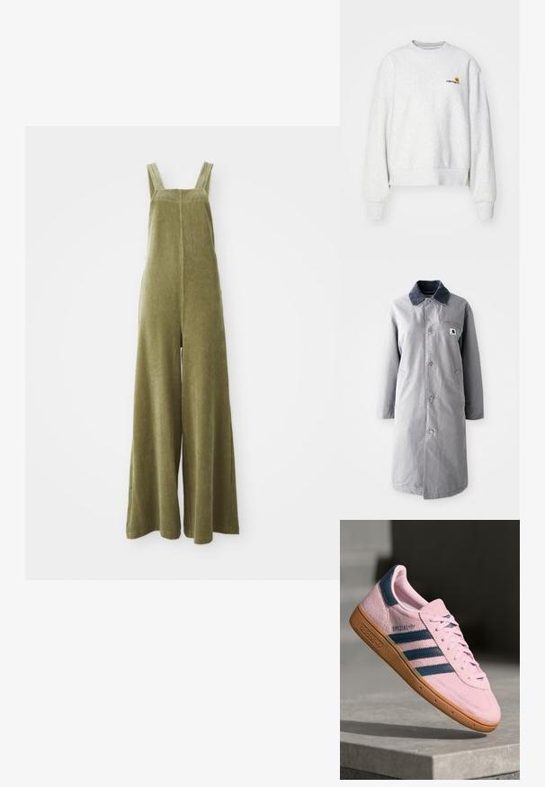 Grijze lange jas van duurzaam materiaal met een corduroy kraag, voorknopsluiting, twee zijzakken en een borstzak met een logo patch.; Olijfgroene corduroy tuinbroeken met brede pijpen, verstelbare bandjes en een gestructureerd oppervlak. Eenvoudig ontwerp, geen zichtbare patronen of hardware.; Grijze crewneck sweatshirt van een zachte stof met geribbelde manchetten en onderrand; voorzien van een geborduurd logo op de borst in geel en bordeauxrood.; Lichtroze suède sneaker met marineblauwe drie strepen, rubberen zool en lichtroze veters. Heeft het "SPEZIAL"-logo aan de zijkant.