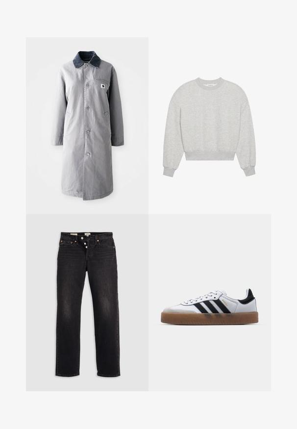 Grijze lange jas van duurzaam materiaal met een corduroy kraag, voorknopsluiting, twee zijzakken en een borstzak met een logo patch.; Grijze, cropped sweatshirt, ronde halslijn, verlaagde schouders, lange mouwen met ribgebreide manchetten, gemaakt van een zachte katoenmix, minimalistische textuur.; Zwarte denim jeans met een recht gesneden pijp, voorzien van vijf zakken, koperen klinknagels en een knoopsluiting. Zachte textuur met subtiele vervagingdetails.; Witte leren sneakers met zwarte strepen, gumrubberen buitenzool, ronde neus, vetersluiting en een zachte grijze suède neuskap.
