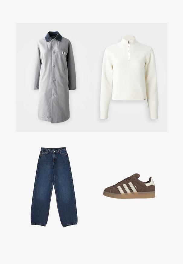 Abrigo largo gris hecho de tela resistente con un collar de pana, botones frontales, dos bolsillos laterales y un bolsillo en el pecho con un parche de logo.; Suéter blanco con cuello de cremallera y mangas largas. Fabricado en un material de punto suave, con puños y dobladillo acanalados. Logo de la marca sutil en el dobladillo.; Jeans de mezclilla de pierna ancha en azul oscuro, con una cintura alta, cinco bolsillos, remaches de latón y dobladillos limpios.; Zapatilla de ante marrón con detalles en cuero blanco y tres rayas blancas. Presenta una puntera redonda y una suela de goma. Logotipo en el lateral.