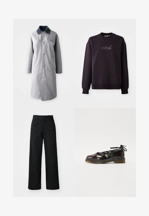 Abrigo largo gris hecho de tela resistente con un collar de pana, botones frontales, dos bolsillos laterales y un bolsillo en el pecho con un parche de logo.; Sudadera negra de tela suave, con cuello redondo y puños acanalados. Logotipo bordado "Wistopia" en la parte delantera.; Pantalones de pierna ancha negros con un frente plano, cierre de botón y pasadores para cinturón. Hechos de una tela duradera con una textura suave.; Zapato brillante de color rojo oscuro con punta redondeada, diseño con cordones, suela de goma y cordones negros, que presenta herrajes plateados y bordes cosidos.
