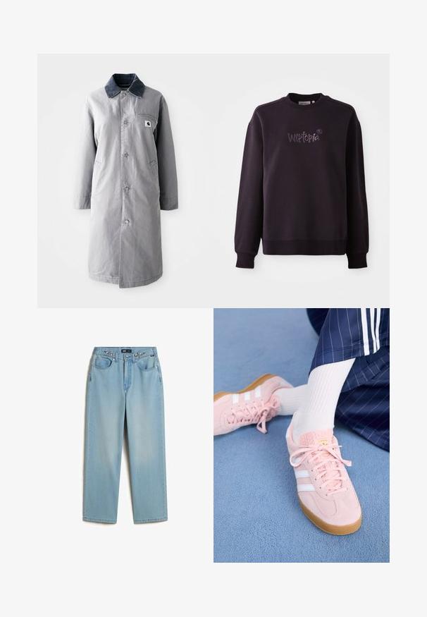 Grijze lange jas van duurzaam materiaal met een corduroy kraag, voorknopsluiting, twee zijzakken en een borstzak met een logo patch.; Zwart sweatshirt van zachte stof, met een ronde hals en geribbelde manchetten. Geborduurd "Wistopia" logo op de voorkant.; Vans CINCHED CHECK - Baggy jeans - light stonewash; Lichtroze suède sneakers met witte strepen en veters, voorzien van een gestructureerde tong en een gumzool, geplaatst op een blauwe tapijt.