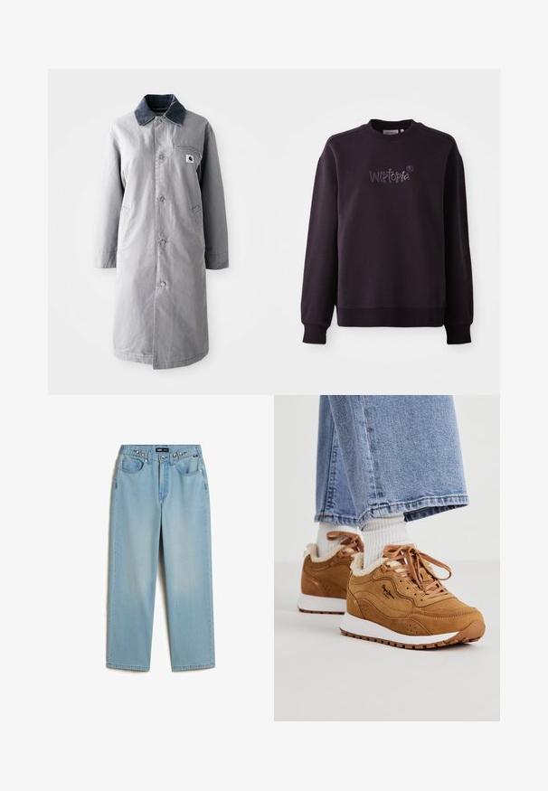 Grijze lange jas van duurzaam materiaal met een corduroy kraag, voorknopsluiting, twee zijzakken en een borstzak met een logo patch.; Zwart sweatshirt van zachte stof, met een ronde hals en geribbelde manchetten. Geborduurd "Wistopia" logo op de voorkant.; Vans CINCHED CHECK - Baggy jeans - light stonewash; Bruine suède sneakers met witte zolen, een voering van schapenvacht en bruine veters. Heeft geperforeerde accenten en een zwart logo op de zijkant.