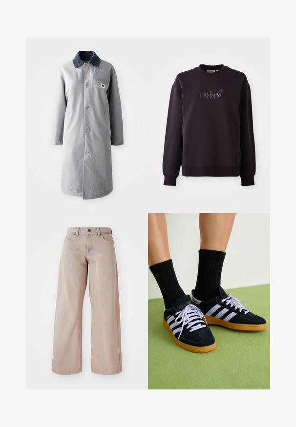 Grijze lange jas van duurzaam materiaal met een corduroy kraag, voorknopsluiting, twee zijzakken en een borstzak met een logo patch.; Zwart sweatshirt van zachte stof, met een ronde hals en geribbelde manchetten. Geborduurd "Wistopia" logo op de voorkant.; Beige wijde jeans met een hoge taille, vijf-pocket ontwerp en knoopsluiting. De stof heeft een zachte textuur en een lichte vervaging aan de voorkant.; Zwarte leren sneakers met drie witte strepen, paarse veters en een gumrubberen zool. Draagt met zwarte, geribbelde kousen tegen een groene ondergrond.