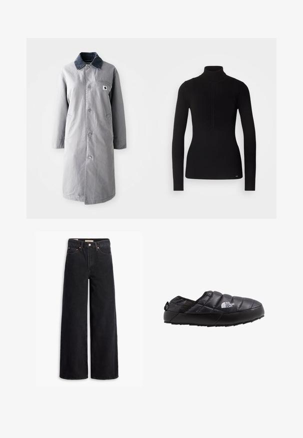 Grau langer Mantel aus strapazierfähigem Stoff mit einem Cordkragen, Vorderknöpfen, zwei Seitentaschen und einer Brusttasche mit einem Logo-Patch.; Schwarzer gerippter Rollkragenpullover mit langen Ärmeln, strukturiertem Stoff, gerafftem Detail an der Vorderseite und einem dezenten Logoakzent am Saum.; Schwarze weite Jeans aus Denim mit fünf Taschen, Kupferrivets und einem klassischen Knopfverschluss. Glatte Textur mit einem klaren Design.; Schwarze isolierte Slipperschuh mit gestepptem Obermaterial, Gummisohle und strukturierten Details. Verfügt über eine Zuglasche an der Ferse und Branding an der Seite.