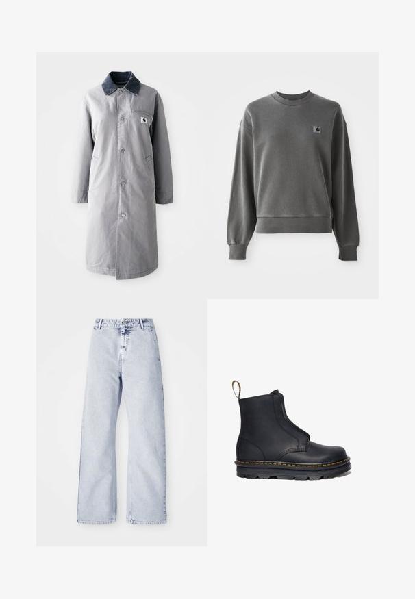 Grå lang frakke lavet af slidstærkt stof med en kord-fløjlskrage, frontknapper, to sidelommer og en brystlomme med et logo-patch.; Grå pullover sweatshirt lavet af glat bomuldsblanding, med rund hals, ribbede manchetter og et lille logopatch på venstre bryst.; Lysblå denim brede bukser med høj talje, knaplukning og fem-lomme design. Blød tekstur og synlige sømdetaljer.; Sort læder ankelstøvle med elastiske sidepaneler, rund tå, kontrasterende gul syning og en kraftig gummisål.