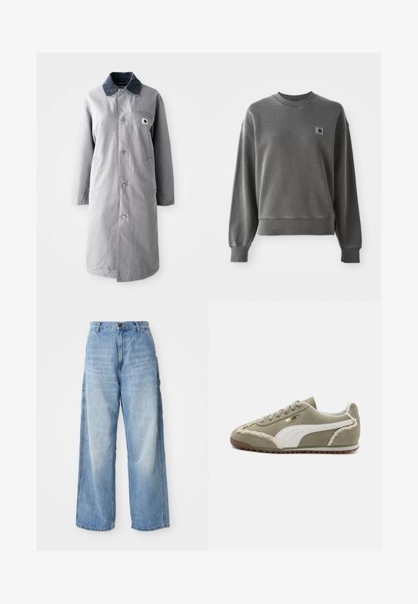 Abrigo largo gris hecho de tela resistente con un collar de pana, botones frontales, dos bolsillos laterales y un bolsillo en el pecho con un parche de logo.; Sudadera gris de algodón suave, con cuello redondo, puños acanalados y un pequeño parche de logo en el lado izquierdo del pecho.; Jeans de pierna ancha en color azul claro con una cintura alta, que cuentan con bolsillos laterales y una textura desgastada, confeccionados en material de mezclilla.; Zapatillas de ante verde con acentos de cuero blanco, costuras texturizadas, parte frontal con cordones y suela de goma. Presenta detalles de diseño únicos a lo largo de los lados.