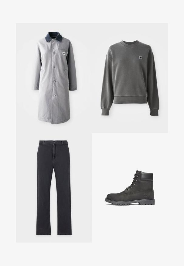 Grå lang frakke lavet af slidstærkt stof med en kord-fløjlskrage, frontknapper, to sidelommer og en brystlomme med et logo-patch.; Grå pullover sweatshirt lavet af glat bomuldsblanding, med rund hals, ribbede manchetter og et lille logopatch på venstre bryst.; Straight-leg sorte jeans med forreste knap- og lynlåslukning, bæltestropper og klassisk fem-lommer design, lagt fladt på hvid baggrund.; Sorte læder ankelstøvler med rund tå, snørelukning foran, polstret krave og mønstret gummisål. Har et logo præget på siden.