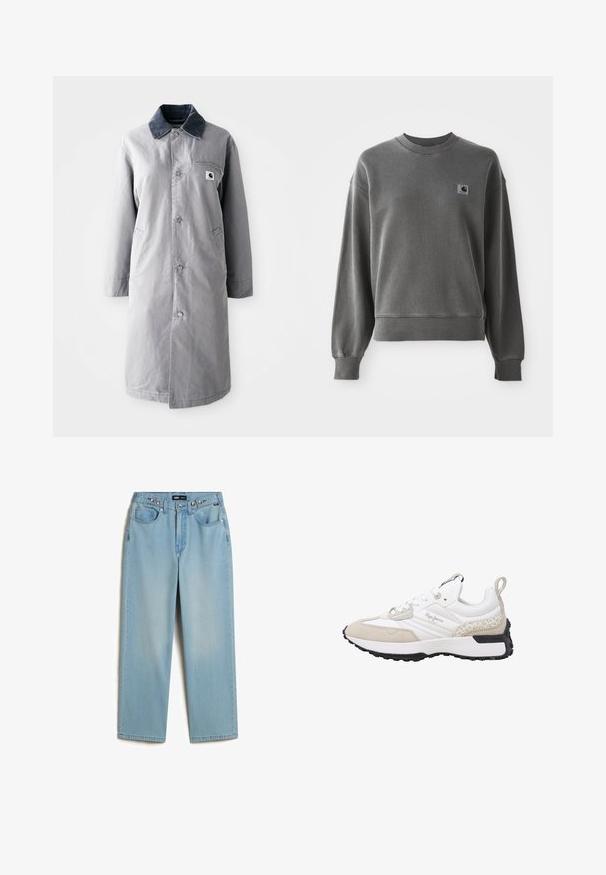 Grau langer Mantel aus strapazierfähigem Stoff mit einem Cordkragen, Vorderknöpfen, zwei Seitentaschen und einer Brusttasche mit einem Logo-Patch.; Grau pullover Sweatshirt aus glattem Baumwollmix, mit rundem Halsausschnitt, gerippten Bündchen und einem kleinen Logopatch auf der linken Brust.; Vans CINCHED CHECK - Baggy Jeans - light stonewash; Weißer und beiger Sneaker aus Wildleder- und Mesh-Materialien, mit strukturierten Akzenten, einer abgerundeten Zehenpartie und einer Gummisohle. Verfügt über ein Logo an der Seite.