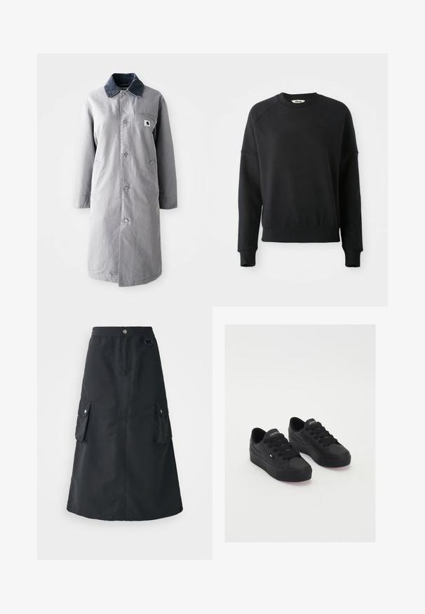 Abrigo largo gris hecho de tela resistente con un collar de pana, botones frontales, dos bolsillos laterales y un bolsillo en el pecho con un parche de logo.; Sudadera negra con cuello redondo acanalado, mangas raglán y un ajuste ligeramente corto. Presenta un logo sutil en la tela. Textura suave.; Falda negra a la mitad de la pantorrilla, elaborada con un tejido ligero, cuenta con una cinturilla elástica, dos bolsillos cargo y un sutil brillo.; Zapatillas bajas negras de material suave, con cordones gruesos, una suela texturizada y un pequeño logo en el lateral y la lengüeta.