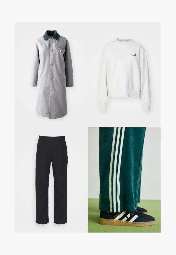 Grå lang frakke lavet af slidstærkt stof med en kord-fløjlskrage, frontknapper, to sidelommer og en brystlomme med et logo-patch.; Grå crew-neck sweatshirt i et blødt stof med ribbede manchetter og kant; har broderet logo på brystet i gul og mørkerød.; Sorte bomuldsbukser med lige pasform, knaplukning og bæltestropper. Har et klassisk design uden synlige lommer.; Grønne teksturerede bukser med hvide sidelince, parret med sorte Adidas sneakers med tre hvide striber og en gummisål.