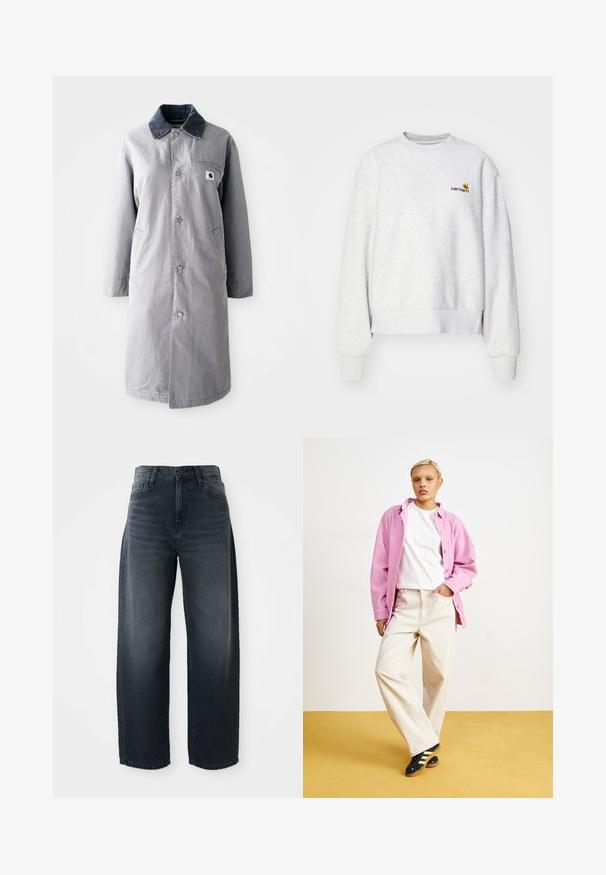 Grå lang frakke lavet af slidstærkt stof med en kord-fløjlskrage, frontknapper, to sidelommer og en brystlomme med et logo-patch.; Grå crew-neck sweatshirt i et blødt stof med ribbede manchetter og kant; har broderet logo på brystet i gul og mørkerød.; Vidde bukser i mørk denim med høj talje, klassisk knap- og lynlåslukning, samt subtil falming langs forsiden.; Lyserød fløjls skjorte over en hvid t-shirt, parret med beige brede bukser og sorte sko med gule striber. Sat mod en gul baggrund.