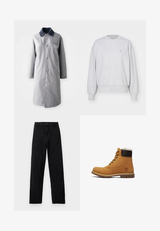 Grå lang frakke lavet af slidstærkt stof med en kord-fløjlskrage, frontknapper, to sidelommer og en brystlomme med et logo-patch.; Carhartt WIP CASEY - Sweatshirt - ash heather/silver; Sorte bukser med lige ben, forlommer, bæltestropper og knaplukning på en ensfarvet lys baggrund.; Brune læder ankelstøvle med en mørkebrun polstret krave, metaløjer og en tekstureret, holdbar sål. Har et logo nær hælen.