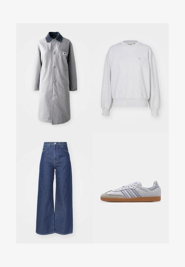 Abrigo largo gris hecho de tela resistente con un collar de pana, botones frontales, dos bolsillos laterales y un bolsillo en el pecho con un parche de logo.; Carhartt WIP CASEY - Sudadera - ash heather/silver; Jeans de pierna ancha hechos de denim azul oscuro. Diseño de altura alta con cremallera y cierre de botón. Cuenta con el estilo clásico de cinco bolsillos y bordes rematados.; Zapatillas de cuero blanco con acentos en azul claro, puntera de ante gris y suela de goma marrón. Presentan tres rayas azules y la marca "Samba".