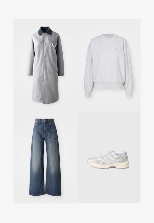 Grijze lange jas van duurzaam materiaal met een corduroy kraag, voorknopsluiting, twee zijzakken en een borstzak met een logo patch.; Carhartt WIP CASEY - Sweater - ash heather/silver; Blauwe high-waisted wide-leg jeans met een sluiting aan de voorkant en zakken, vervaagde textuur op de bovenbenen en een rechte zoom.; Lichtgrijze sportschoen met een bovenwerk van mesh, zilveren accenten, een ronde neus en een gevoerd zool. Heeft een vetersluiting voor een veilige pasvorm.