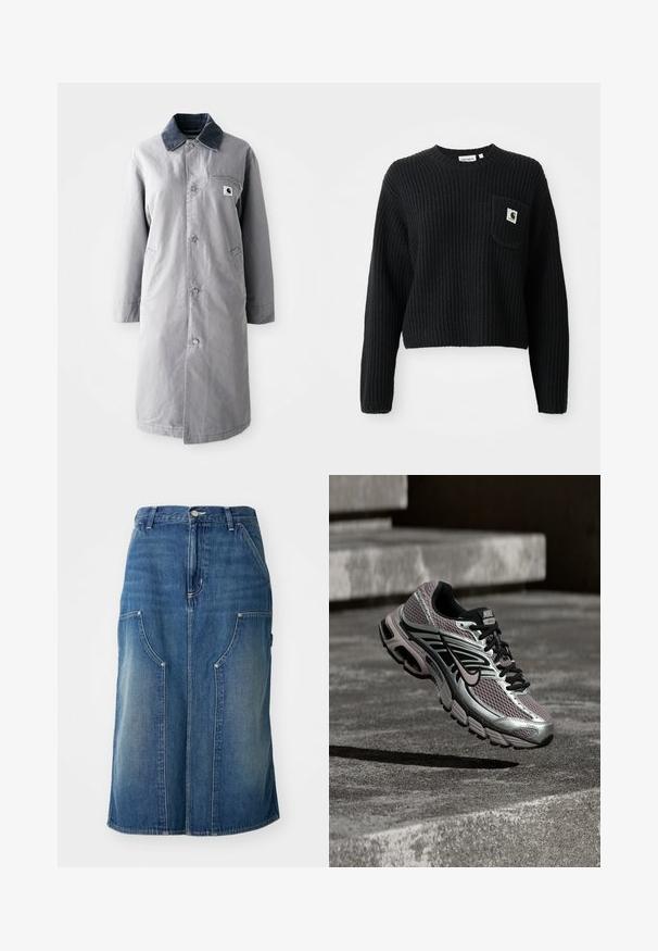 Grå lang frakke lavet af slidstærkt stof med en kord-fløjlskrage, frontknapper, to sidelommer og en brystlomme med et logo-patch.; Sort ribbenstrikket sweater med rund hals, lange ærmer og en frontlomme med et lille logo patch. Forkortet længde.; Blå denimnederdel med lige snit, forlommer og en talje med knaplukning, prydet med en falmet tekstur og sømdetaljer.; Nike Air Max løbesko med sølv, sort og lilla mesh, vist i luften over en betonoverflade og trin.
