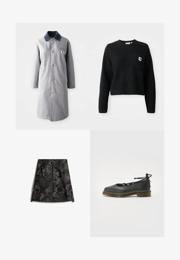 Grå lang frakke lavet af slidstærkt stof med en kord-fløjlskrage, frontknapper, to sidelommer og en brystlomme med et logo-patch.; Sort ribbenstrikket sweater med rund hals, lange ærmer og en frontlomme med et lille logo patch. Forkortet længde.; Kamuflage nederdel i mørkegrå og sort, med en frontlynlås, bælte med sølvspænde og to cargo-lommer med ringe.; Sort lædersko med rund tå, lav hæl, snøre detaljer og gul stitching langs sålen. Glat tekstur med en mat finish.