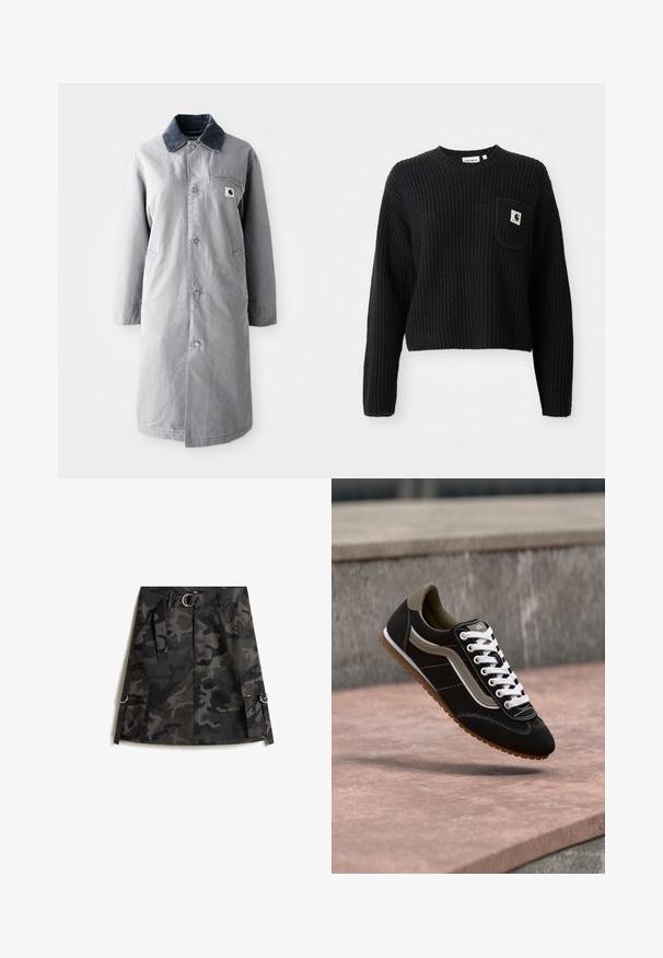 Grå lang frakke lavet af slidstærkt stof med en kord-fløjlskrage, frontknapper, to sidelommer og en brystlomme med et logo-patch.; Sort ribbenstrikket sweater med rund hals, lange ærmer og en frontlomme med et lille logo patch. Forkortet længde.; Kamuflage nederdel i mørkegrå og sort, med en frontlynlås, bælte med sølvspænde og to cargo-lommer med ringe.; Sort og beige sneaker med hvide snørebånd og gummisål, svævende over en stensurface og grå betonbaggrund.