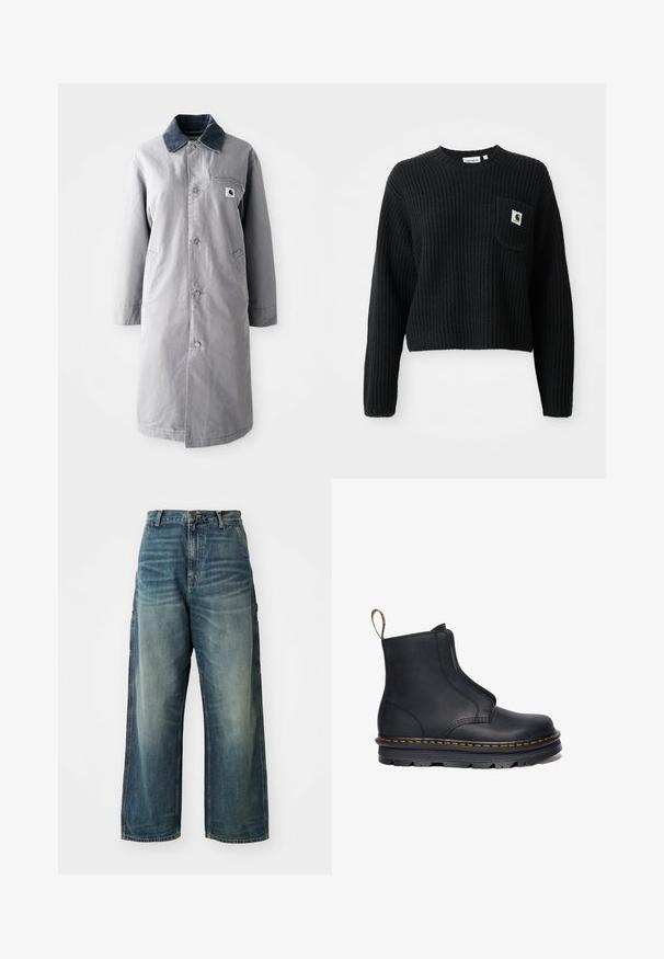 Grau langer Mantel aus strapazierfähigem Stoff mit einem Cordkragen, Vorderknöpfen, zwei Seitentaschen und einer Brusttasche mit einem Logo-Patch.; Schwarzer gerippter Strickpullover mit rundem Ausschnitt, langen Ärmeln und einer Fronttasche mit einem kleinen Logopatch. Verkürzte Länge.; Weite Denim-Jeans in einem ausgewaschenen Blauton. Verfügbar mit einem Knopfverschluss, fünf Taschen und sichtbaren Nähten. Das Material hat eine glatte Textur.; Schwarze Leder-Stiefelette mit elastischen seitlichen Einsätzen, runder Zehenform, kontrastierenden gelben Nähten und einer robusten Gummisohle.