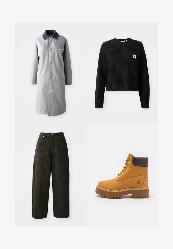 Grijze lange jas van duurzaam materiaal met een corduroy kraag, voorknopsluiting, twee zijzakken en een borstzak met een logo patch.; Zwarte geribbelde gebreide trui met een ronde hals, lange mouwen en een voorzak met een klein logopatch. Verkorte lengte.; Donkergroene wijde broek met een gestructureerd bloempatroon, vijf zakken en metalen knoopsluitingen in de taille.; Tan waterdichte enkelboot met een stevige rubberen zool, ronde neus, bruine leren kraag, gele veters en een logo aan de zijkant.