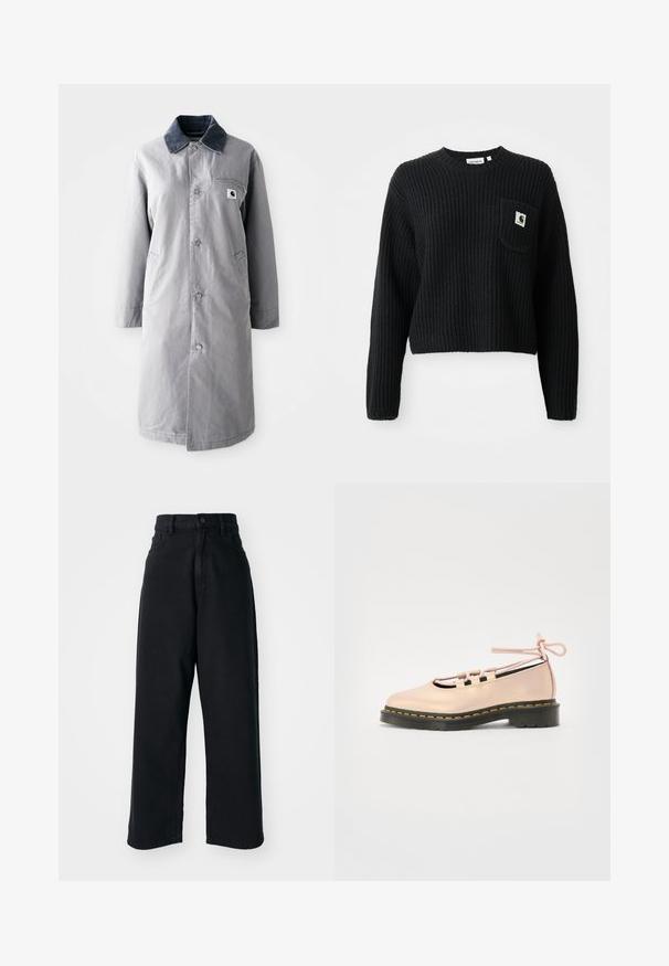 Grau langer Mantel aus strapazierfähigem Stoff mit einem Cordkragen, Vorderknöpfen, zwei Seitentaschen und einer Brusttasche mit einem Logo-Patch.; Schwarzer gerippter Strickpullover mit rundem Ausschnitt, langen Ärmeln und einer Fronttasche mit einem kleinen Logopatch. Verkürzte Länge.; Schwarze hoch sitzende weite Jeans mit frontalen Taschen und Knopfverschluss, vor einem schlichten weißen Hintergrund präsentiert.; Helle rosa Leder-Schuh mit runder Zehenpartie, Schnürdetails und einer schwarzen Plattformsohle, die mit gelben Nähten akzentuiert ist.