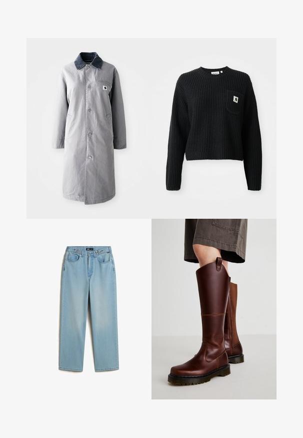 Grå lang frakke lavet af slidstærkt stof med en kord-fløjlskrage, frontknapper, to sidelommer og en brystlomme med et logo-patch.; Sort ribbenstrikket sweater med rund hals, lange ærmer og en frontlomme med et lille logo patch. Forkortet længde.; Vans CINCHED CHECK - Baggy jeans - light stonewash; Brune læder knæhøje støvler med en glat overflade, solid sål og en let hæl. Har en lynlås i siden og en løkke bagpå for nem påtagning.