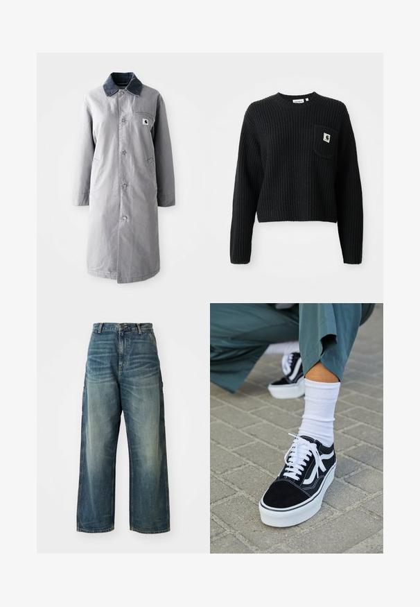 Grå lang frakke lavet af slidstærkt stof med en kord-fløjlskrage, frontknapper, to sidelommer og en brystlomme med et logo-patch.; Sort ribbenstrikket sweater med rund hals, lange ærmer og en frontlomme med et lille logo patch. Forkortet længde.; Bredde ben denim jeans i en falmet blå vask. Har en knaplukning, fem lommer og synlige sømme. Materialet har en glat tekstur.; Sorte ruskinds sneakers med hvide accenter og snørebånd, der har en tyk hvid sål og kontrasterende syninger, parret med en hvid sok.