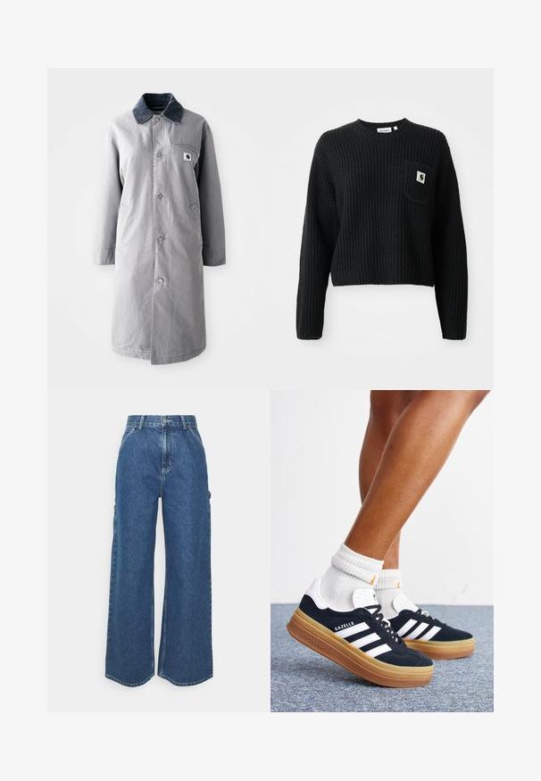 Grå lang frakke lavet af slidstærkt stof med en kord-fløjlskrage, frontknapper, to sidelommer og en brystlomme med et logo-patch.; Sort ribbenstrikket sweater med rund hals, lange ærmer og en frontlomme med et lille logo patch. Forkortet længde.; Bredde ben blå denimbukser med høj talje, kontrastsyede sømme og sidelommer, med et klassisk fem-lomme design og rå kanter.; Ben iført hvide sokker og sorte Adidas Gazelle sneakers med hvide striber og tykke brune såler på et gråt tæppe.