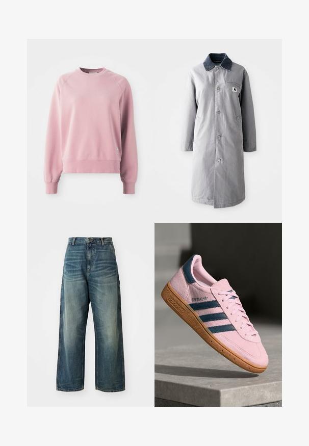 Grijze lange jas van duurzaam materiaal met een corduroy kraag, voorknopsluiting, twee zijzakken en een borstzak met een logo patch.; Lichtroze crewneck sweatshirt met raglanmouwen, geribbelde manchetten en zoom, gemaakt van een zachte stof. Bevat een klein logolabel aan de zijkant.; Wijd uitgesneden denim jeans in een vervaagde blauwe wassing. Bevat een knoopsluiting, vijf zakken en zichtbare stiksels. Materiaal heeft een zachte textuur.; Lichtroze suède sneaker met marineblauwe drie strepen, rubberen zool en lichtroze veters. Heeft het "SPEZIAL"-logo aan de zijkant.