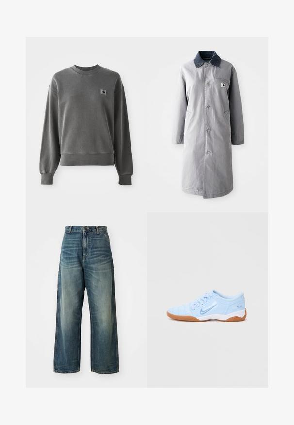 Grau langer Mantel aus strapazierfähigem Stoff mit einem Cordkragen, Vorderknöpfen, zwei Seitentaschen und einer Brusttasche mit einem Logo-Patch.; Grau pullover Sweatshirt aus glattem Baumwollmix, mit rundem Halsausschnitt, gerippten Bündchen und einem kleinen Logopatch auf der linken Brust.; Weite Denim-Jeans in einem ausgewaschenen Blauton. Verfügbar mit einem Knopfverschluss, fünf Taschen und sichtbaren Nähten. Das Material hat eine glatte Textur.; Helle blaue Sportschuhe mit einem glatten synthetischen Obermaterial, strukturierten Akzenten und einer Gummisohle. Mit einem Logo an der Seite.