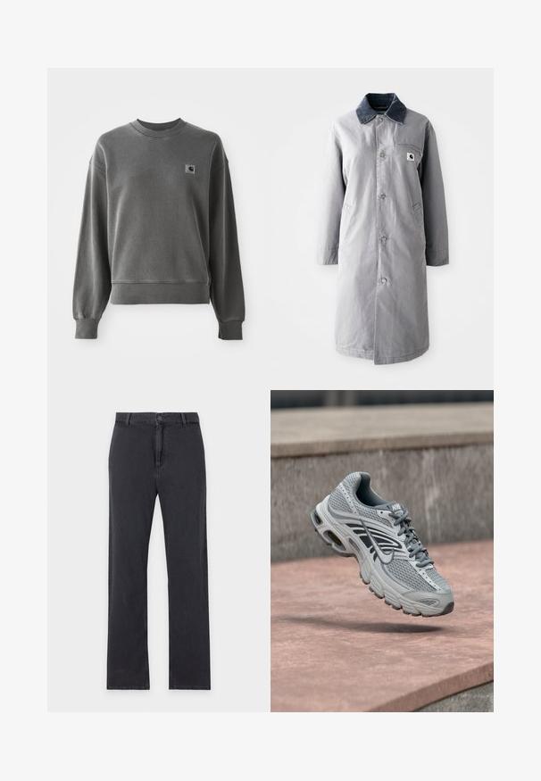 Grijze lange jas van duurzaam materiaal met een corduroy kraag, voorknopsluiting, twee zijzakken en een borstzak met een logo patch.; Grijze pullover sweatshirt van een gladde katoenmix, met een ronde hals, geribbelde manchetten en een klein logopatch op de linkerkant van de borst.; Zwarte jeans met rechte pijpen, knoop- en ritssluiting aan de voorkant, riemlussen en klassiek ontwerp met vijf zakken, plat gelegd op een witte achtergrond.; Lichtgrijze en witte Nike hardloopschoen met mesh-ontwerp, zwevend boven een stenen oppervlak buiten.
