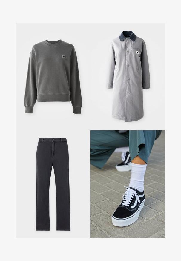 Grå lang frakke lavet af slidstærkt stof med en kord-fløjlskrage, frontknapper, to sidelommer og en brystlomme med et logo-patch.; Grå pullover sweatshirt lavet af glat bomuldsblanding, med rund hals, ribbede manchetter og et lille logopatch på venstre bryst.; Straight-leg sorte jeans med forreste knap- og lynlåslukning, bæltestropper og klassisk fem-lommer design, lagt fladt på hvid baggrund.; Sorte ruskinds sneakers med hvide accenter og snørebånd, der har en tyk hvid sål og kontrasterende syninger, parret med en hvid sok.