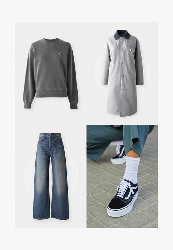 Grijze lange jas van duurzaam materiaal met een corduroy kraag, voorknopsluiting, twee zijzakken en een borstzak met een logo patch.; Grijze pullover sweatshirt van een gladde katoenmix, met een ronde hals, geribbelde manchetten en een klein logopatch op de linkerkant van de borst.; Blauwe high-waisted wide-leg jeans met een sluiting aan de voorkant en zakken, vervaagde textuur op de bovenbenen en een rechte zoom.; Zwarte suède sneaker met witte accenten en veters, uitgerust met een dikke witte zool en contrasterende stiksels, gecombineerd met een witte sok.