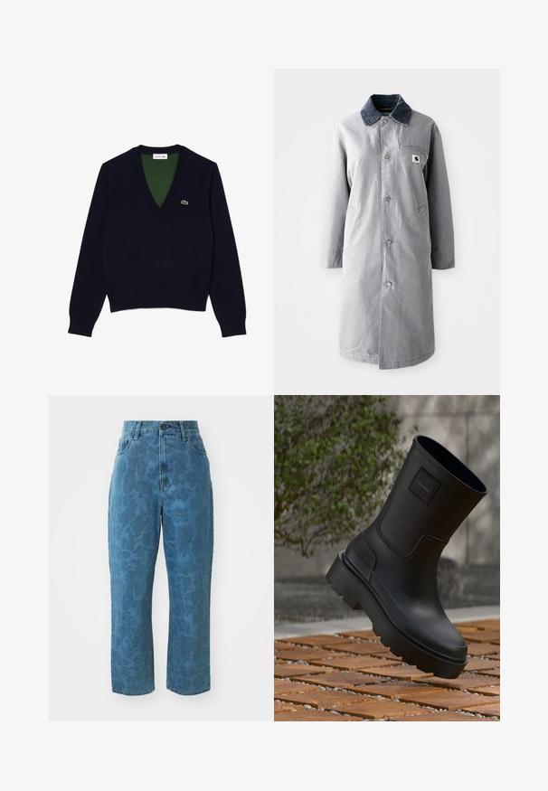 Grå lang frakke lavet af slidstærkt stof med en kord-fløjlskrage, frontknapper, to sidelommer og en brystlomme med et logo-patch.; Marine V-hals sweater lavet af blødt stof, med ribbet krave og manchetter, en kontrasterende grøn inderside og et lille logo på brystet.; Lyseblå denim jeans med en subtil mønstret struktur, høj talje og lige ben. Har en frontlukning med knap og lynlås.; Sort Calvin Klein-støvle med tyk sål svævende over trælameller og små hvide småsten udendørs nær grønne planter.