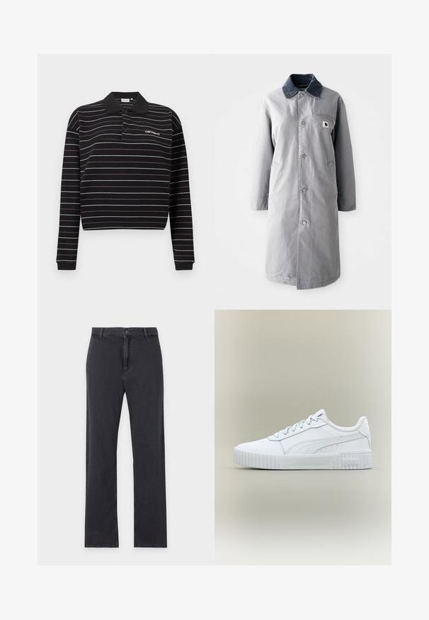 Manteau long gris en tissu résistant avec un col en velours côtelé, des boutons devant, deux poches latérales et une poche poitrine avec un patch logo.; Polo à manches longues noir avec de fines rayures horizontales blanches et violettes, deux boutons, et un petit logo blanc sur le côté gauche de la poitrine.; Jean noir à jambes droites avec fermeture par bouton et zip à l'avant, passants de ceinture et design classique à cinq poches, posé à plat sur fond blanc.; Baskets Puma basses blanches à lacets avec semelle épaisse texturée sur fond clair neutre.