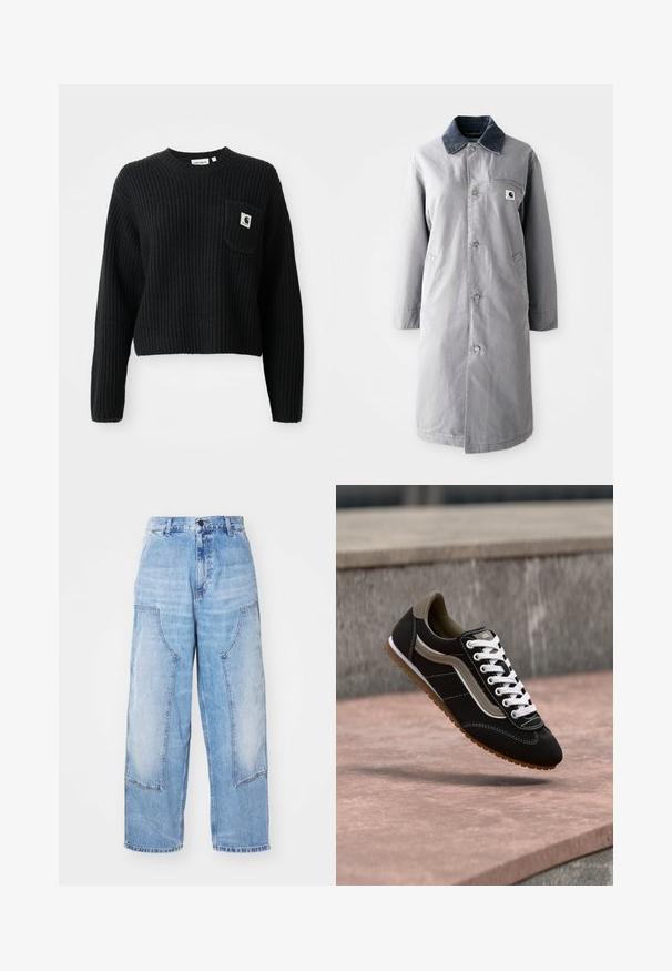 Manteau long gris en tissu résistant avec un col en velours côtelé, des boutons devant, deux poches latérales et une poche poitrine avec un patch logo.; Pull en maille côtelée noir avec un col rond, des manches longues et une poche avant arborant un petit patch logo. Longueur cropped.; Pantalon en denim bleu clair à jambe large avec deux grandes poches avant, une fermeture à bouton et une décoloration subtile. Détails de coutures sur les poches.; Baskets noires et beiges avec lacets blancs et semelle en gomme, en suspension au-dessus d'une surface en pierre et d'un mur en béton gris.
