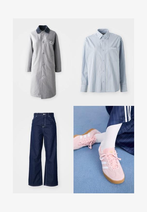 Manteau long gris en tissu résistant avec un col en velours côtelé, des boutons devant, deux poches latérales et une poche poitrine avec un patch logo.; Chemise à manches longues bleu clair avec des rayures verticales blanches et foncées et une poche poitrine avant ornée de broderie en écriture blanche.; Jean large en denim bleu foncé, avec une taille haute, des coutures blanches contrastantes et un design traditionnel à cinq poches.; Des sneakers en daim rose clair avec des rayures et des lacets blancs, dotés d'une languette texturée et d'une semelle en gomme, posées sur un tapis bleu.