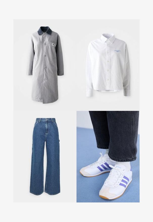 Abrigo largo gris hecho de tela resistente con un collar de pana, botones frontales, dos bolsillos laterales y un bolsillo en el pecho con un parche de logo.; Camisa blanca de botones con rayas verticales en azul claro, un cuello puntiagudo y un pequeño logo azul en el lado izquierdo del pecho. Tejido de algodón, corte relajado.; Pantalones vaqueros de pierna ancha en azul con cintura alta, costuras en contraste y bolsillos laterales, que cuentan con un diseño clásico de cinco bolsillos y dobladillos sin rematar.; Zapatillas blancas con rayas moradas, con una puntera de ante y una suela texturizada. Combinadas con pantalones negros con puños y calcetines blancos.