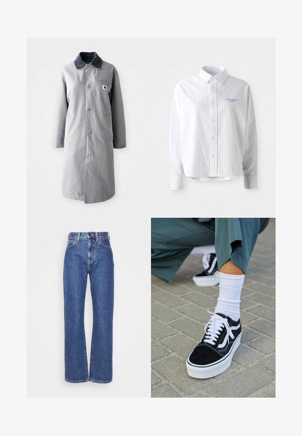 Grå lang frakke lavet af slidstærkt stof med en kord-fløjlskrage, frontknapper, to sidelommer og en brystlomme med et logo-patch.; Hvid skjorte med lyseblå lodrette striber, en spids krave og et lille blåt logo på venstre bryst. Forarbejdet i bomuldsstof, afslappet pasform.; Blå denim jeans med vide ben, høj talje, kontrastsyninger og klassisk fem-lomme design. Struktureret stof med en glat overflade.; Sorte ruskinds sneakers med hvide accenter og snørebånd, der har en tyk hvid sål og kontrasterende syninger, parret med en hvid sok.