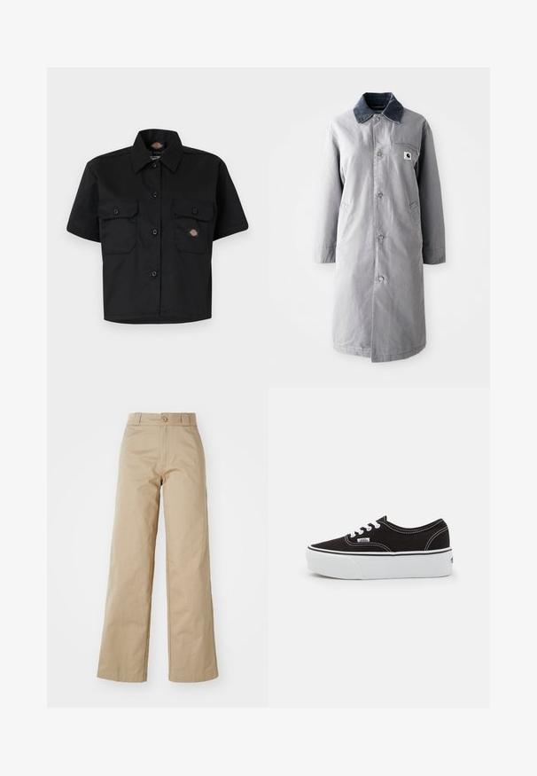Abrigo largo gris hecho de tela resistente con un collar de pana, botones frontales, dos bolsillos laterales y un bolsillo en el pecho con un parche de logo.; Camisa negra de manga corta hecha de tela duradera, que presenta dos grandes bolsillos frontales y un diseño de botones con cuello.; Pantalones de pierna ancha beige hechos de algodón, con cierre de botón y lazadas para cinturón, con una textura suave y un acabado limpio.; Zapatilla de lona negra con suela de plataforma de goma blanca, que presenta cordones y costuras blancas, con branding icónico en el lateral, diseño de corte bajo.